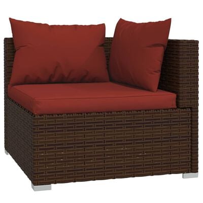 Wicker loveseat with two red back cushions and one red seat cushion.