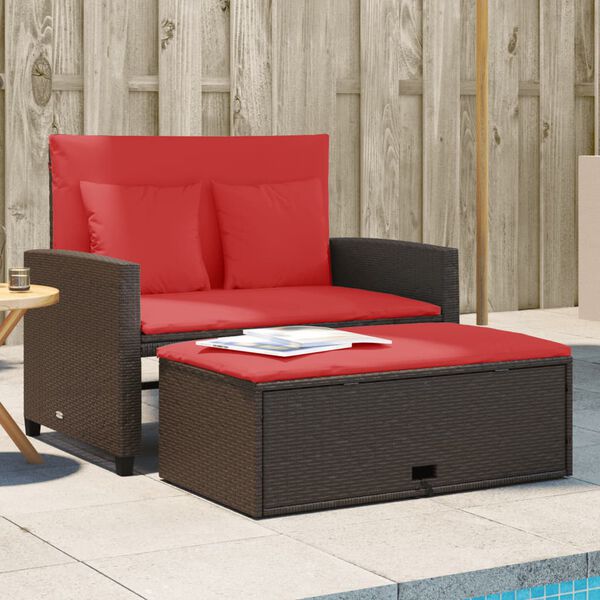 vidaXL Patio Sofa Brown and Red Poly Rattan 2-Seater