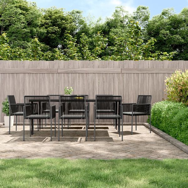 vidaXL 9 Piece Patio Dining Set with Cushions Black Poly Rattan and Steel