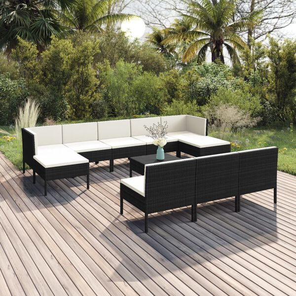 vidaXL 11 Piece Patio Lounge Set with Cushions Poly Rattan Black