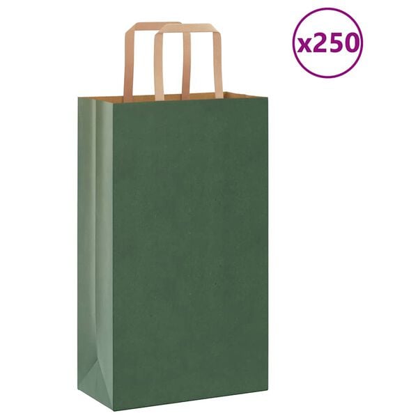 vidaXL Paper Bags 250 pcs with Handles Green 21x11x36 cm