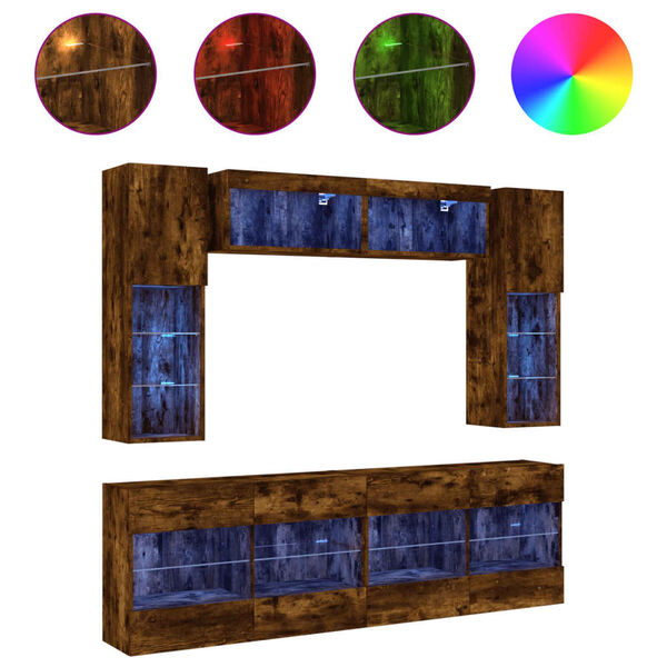 vidaXL 6 Piece TV Wall Stand Set with LED Lights Smoked Oak