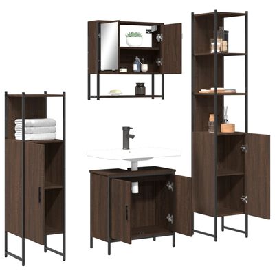 Bathroom storage set with wall cabinet (open doors), tall cabinet with doors, and mid-height vanity; multiple photos collage showing different angles.