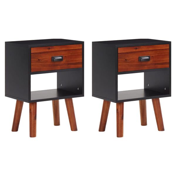 vidaXL Bedside Cabinet Set of 2 Black and brown Solid acacia wood and MDF