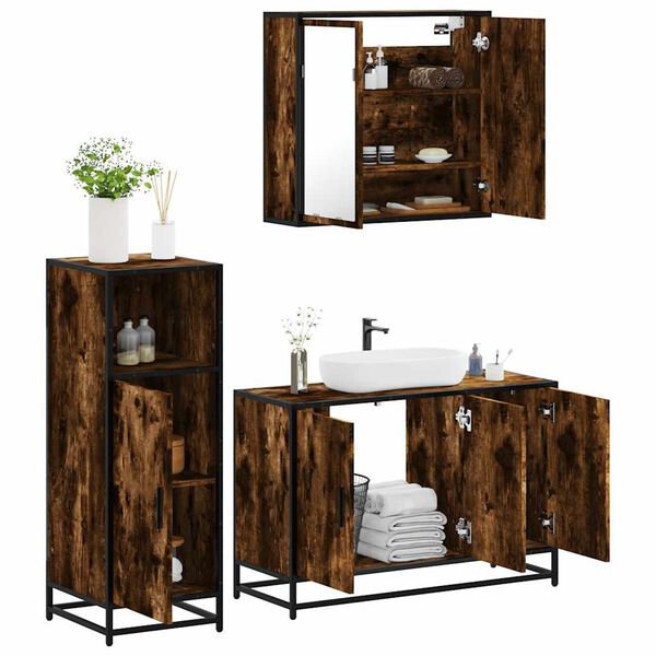 vidaXL Bathroom Furniture Set Smoked oak Engineered wood, metal, glass