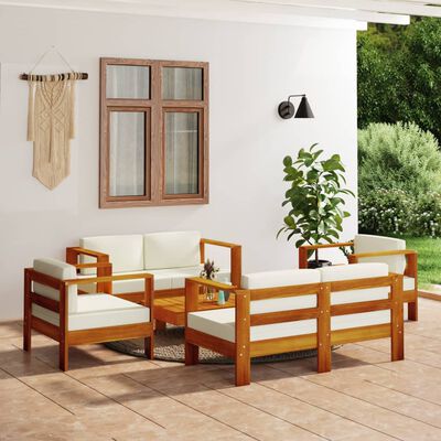 vidaXL 5 Piece Patio Lounge Set with Cream White Cushions Solid Wood