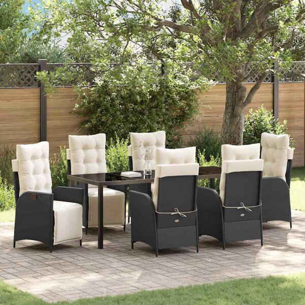 vidaXL Garden Dining Set with Cushion 7 pcs Black Poly Rattan