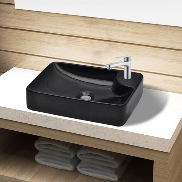 vidaXL Ceramic Bathroom Sink Basin with Faucet Hole Black