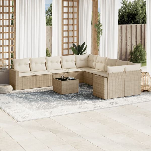 vidaXL Garden Sofa Set Beige PE Rattan, Powder-Coated Steel, Tempered Glass