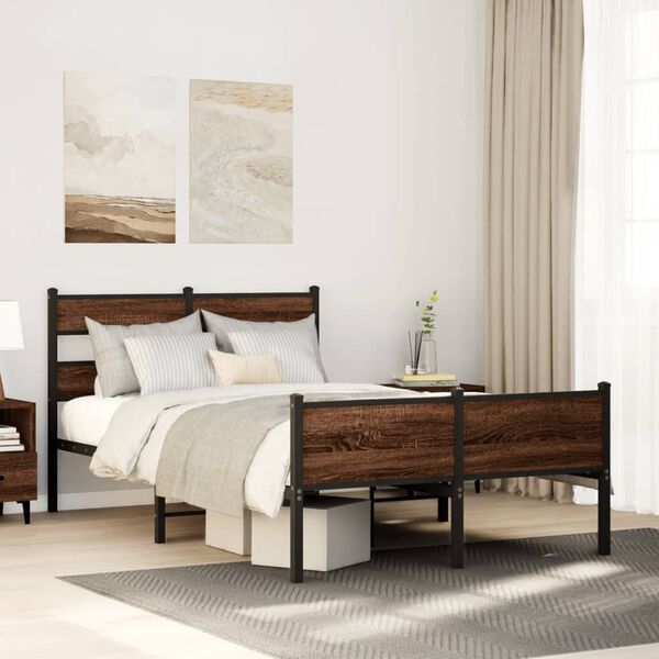 vidaXL Bed Frame Brown Oak Steel, Engineered Wood Small Double Bed Frame