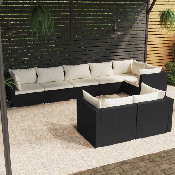 vidaXL Garden Lounge Set Black Poly Rattan, Powder-Coated Steel, Polyester