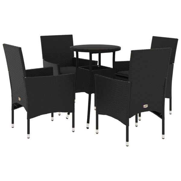 vidaXL 5 Piece Patio Dining Set with Cushions Black Poly Rattan and Glass