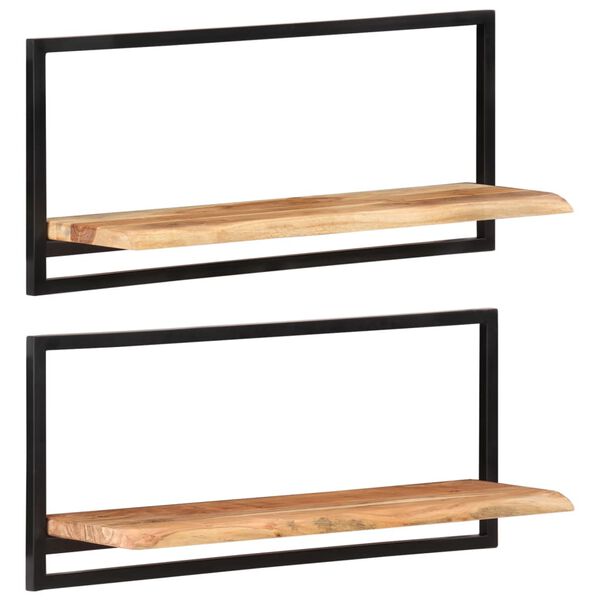 vidaXL Wall Shelf Set of 2 Natural Wood with Black Frame