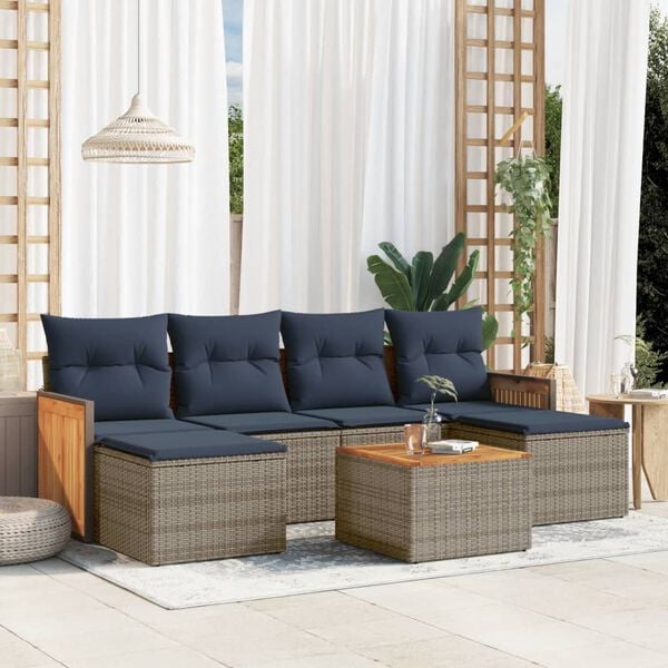 vidaXL 7 Piece Garden Sofa Set with Cushions Grey Poly Rattan