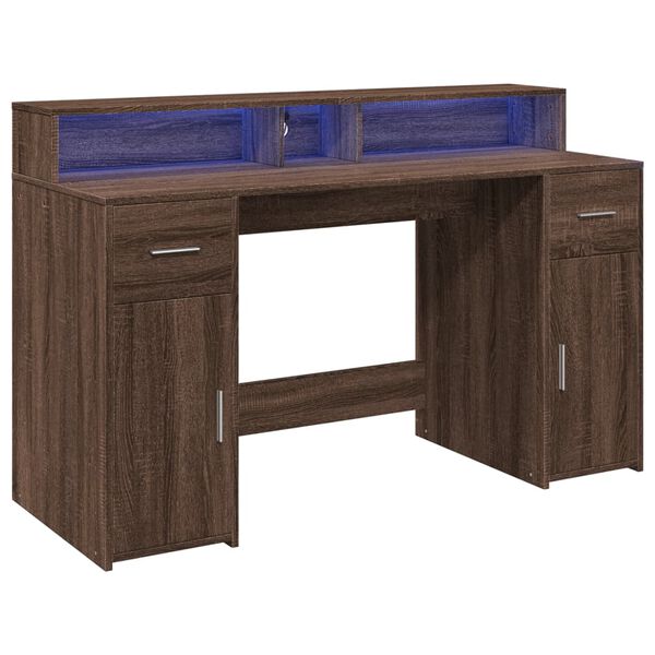 vidaXL Desk with LED Lights Brown Oak 55.1x21.7x35.8" Engineered Wood