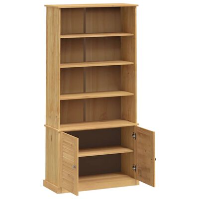 Wooden display cabinet with multiple shelves and closed bottom cabinet doors
