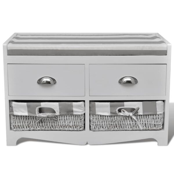 vidaXL White Storage & Entryway Bench with Cushion Top 2 Drawer 2 Basket