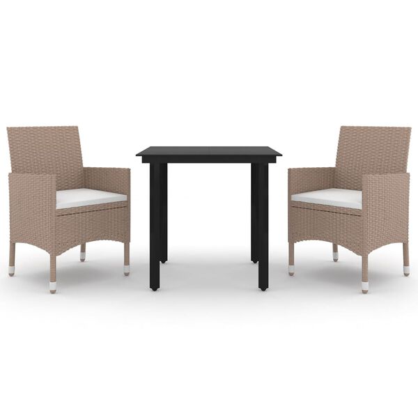 vidaXL 3 Piece Patio Dining Set with Cushions Poly Rattan and Glass