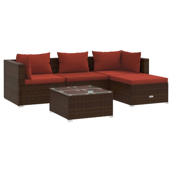 vidaXL Garden Lounge Set Brown with Cinnamon red cushions