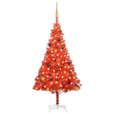 vidaXL Artificial Christmas Tree with LEDs&Ball Set Red 59.1" PVC