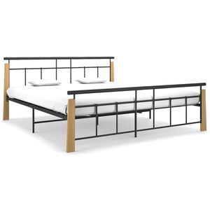 vidaXL Bed Frame Black, Light Oak Powder-Coated Metal, Solid Oak Wood