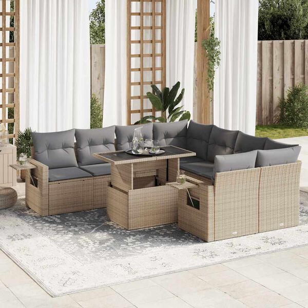 vidaXL Garden Sofa Set Beige PE Rattan, Powder-Coated Steel, Tempered Glass