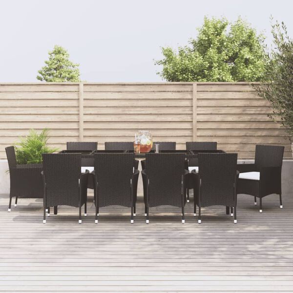 vidaXL 11 Piece Patio Dining Set with Cushions Black Poly Rattan