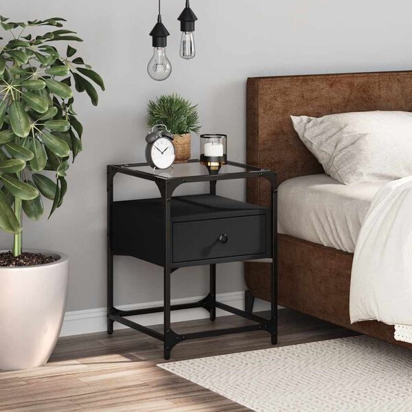 vidaXL Bedside Cabinet Black Engineered wood, steel, glass