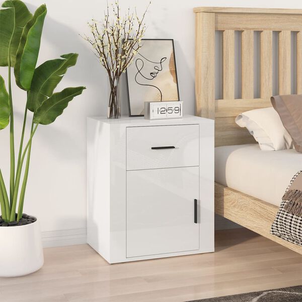 vidaXL Bedside Cabinet High gloss white Engineered wood 19.7x14.2x23.6 in