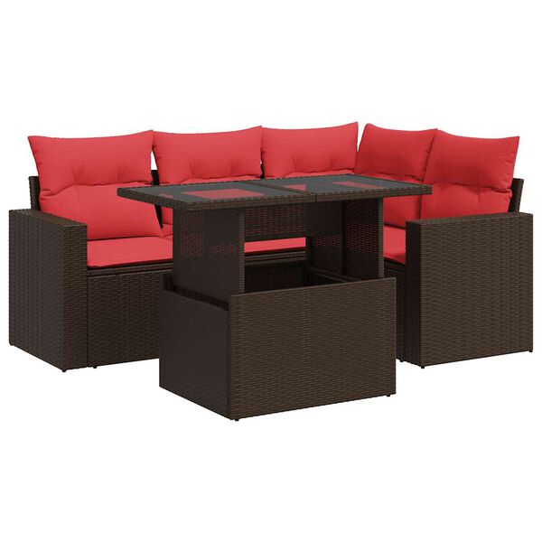 vidaXL 5 Piece Patio Sofa Set with Cushions Brown Poly Rattan Acacia