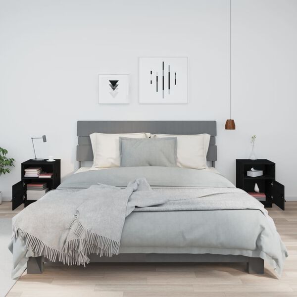 vidaXL Bedside Cabinet Set of 2 Black Solid pine wood, faux leather