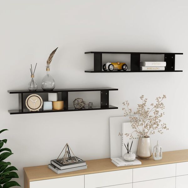 vidaXL Wall Shelf Set of 2 Black Engineered wood Wall Shelf