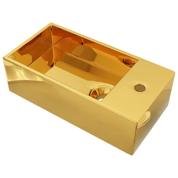 vidaXL Wash Basin with Overflow 19.3x9.8x5.9" Ceramic Gold