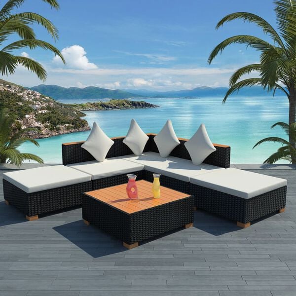 vidaXL Outdoor Sofa Set Black rattan with cream cushions and brown WPC top