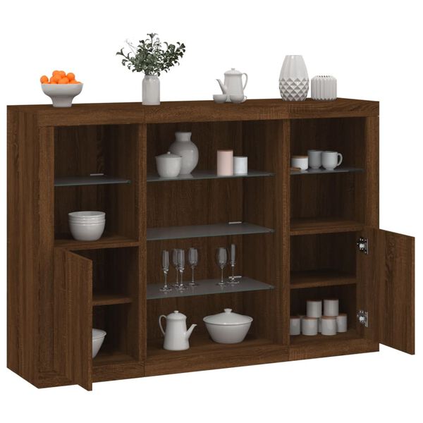 vidaXL Sideboard Set of 3 Brown Oak Engineered Wood, Glass Large