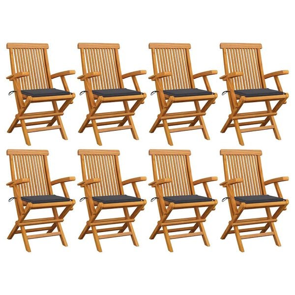 vidaXL Garden Chair Set of 8 Natural wood, Anthracite cushions