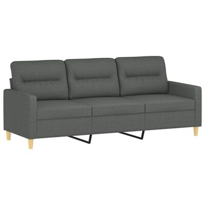 Grey three-seat sofa with cushions and metal legs.