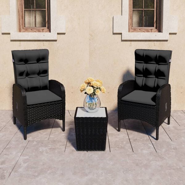 vidaXL Bistro Set Black Poly rattan, steel, glass, fabric (100% polyester)