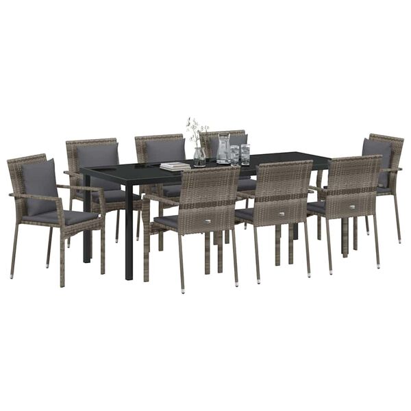 vidaXL Garden Dining Set with Cushion 9 pcs Grey Poly Rattan