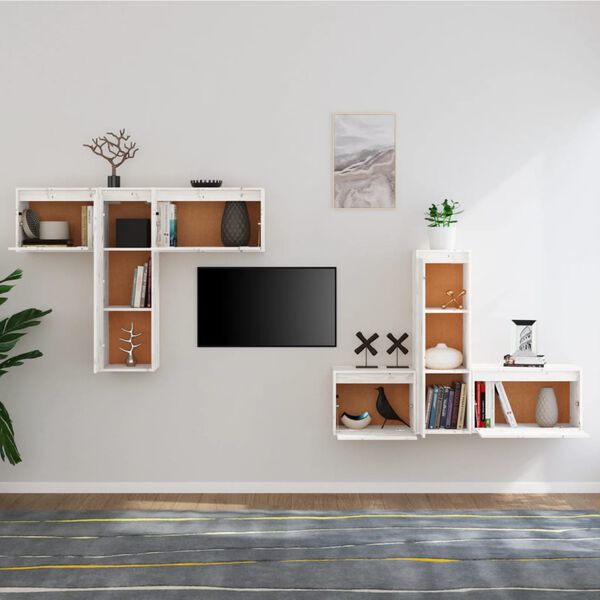vidaXL TV Cabinet Set of 6 White Solid Pine Wood TV Cabinet