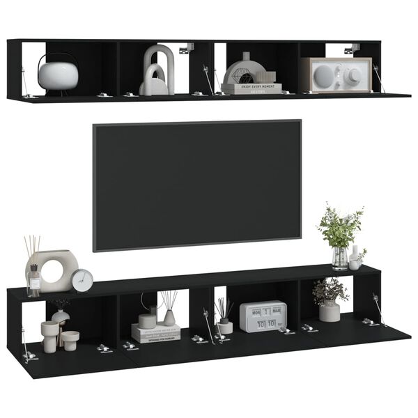 vidaXL Wall TV Cabinet Set of 4 Black Engineered Wood Drop-Down