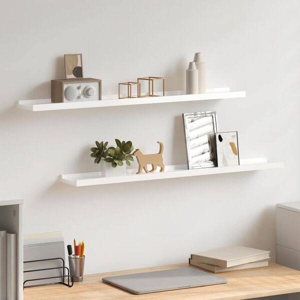 vidaXL Wall Shelf Set of 2 High gloss white MDF 31.5x3.5x1.2 in