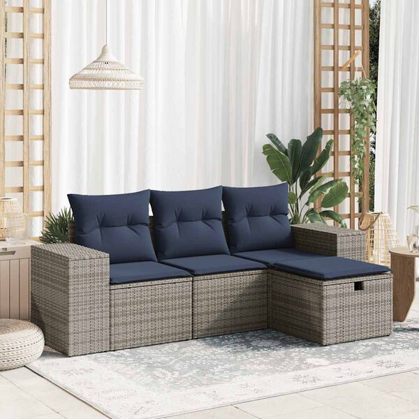 vidaXL 4 Piece Patio Sofa Set with Cushions Gray Poly Rattan