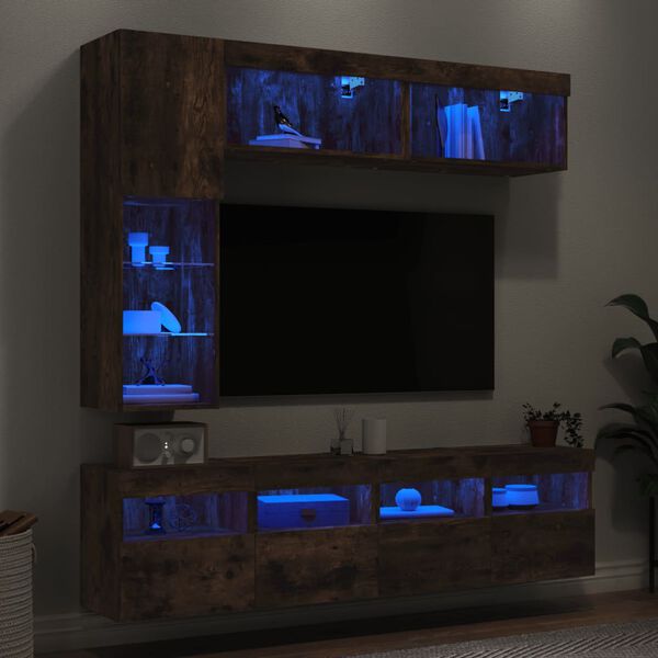vidaXL 7 Piece TV Wall Stand Set with LED Lights Smoked Oak