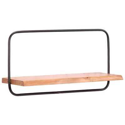 Horizontal wall shelf with single wooden shelf and rounded black metal frame in a U-shape.