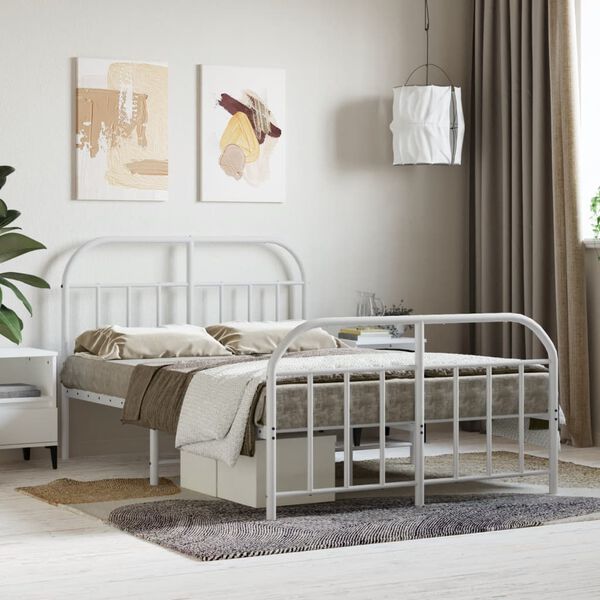 vidaXL Bed Frame White Powder-Coated Steel Double Bed Frame