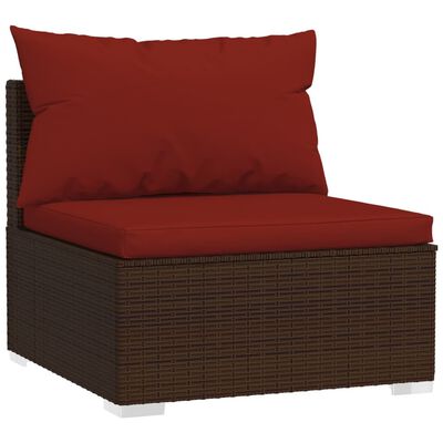 Wicker modular seating chair with red seat cushion and back cushion.