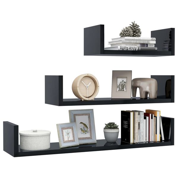 vidaXL Shelf Set of 3 High gloss black Engineered wood