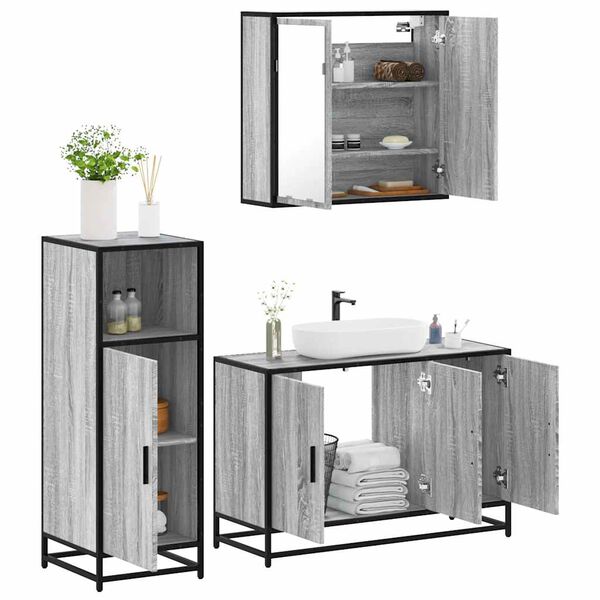 vidaXL Bathroom Furniture Set Gray Sonoma Engineered wood, metal, glass