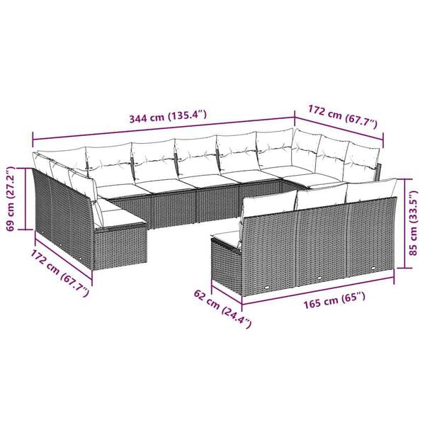 vidaXL Garden Sofa Set Brown PE rattan, Powder-coated steel Large